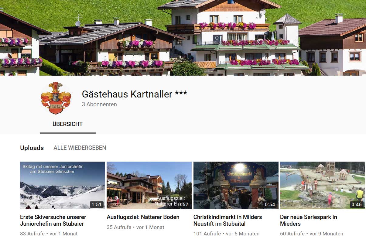 zum Youtubekanal vom Gästehaus Kartnaller im Stubaital